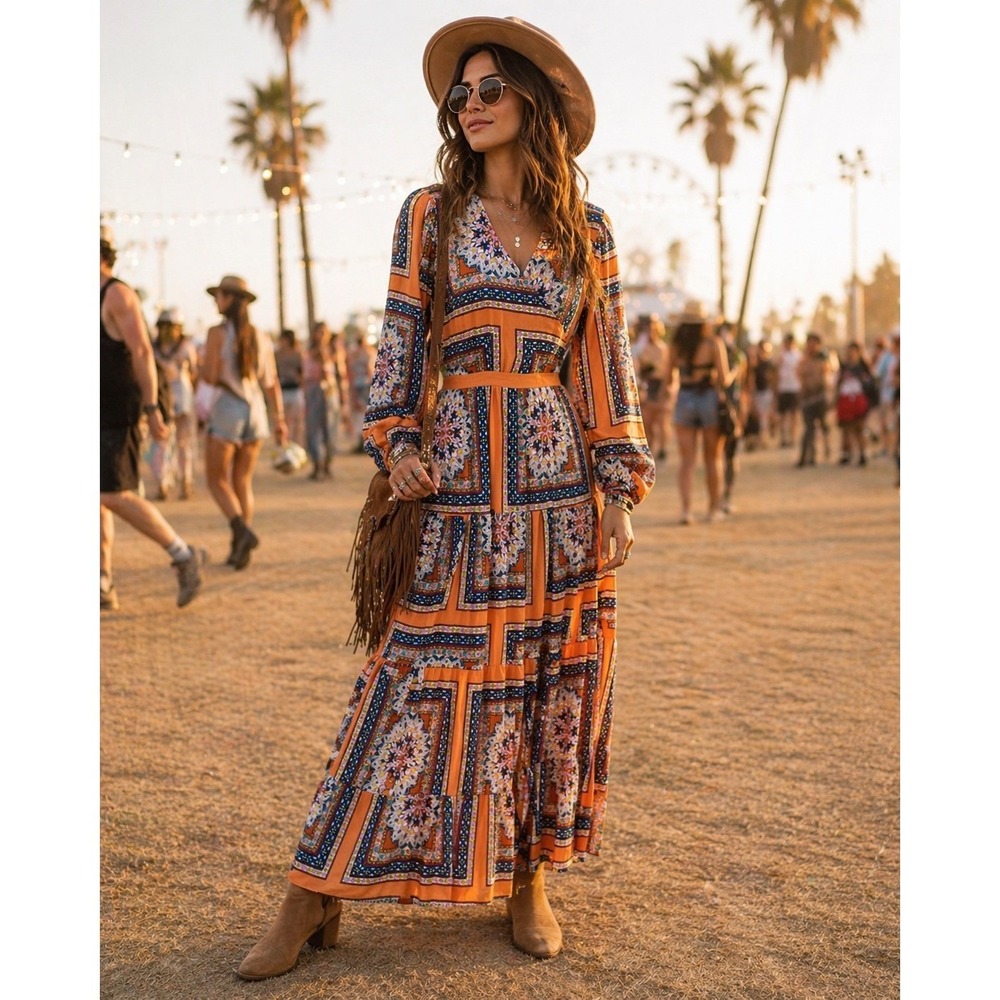 Boho Patchwork Flowy Maxi Dress Size M Festival Peasant Indie Western Chic Mod